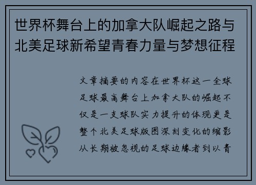 世界杯舞台上的加拿大队崛起之路与北美足球新希望青春力量与梦想征程